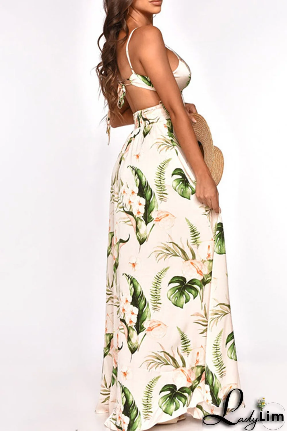 Burgundy Fashion Sexy Print Bandage Backless Slit Spaghetti Strap Long Dress Dresses