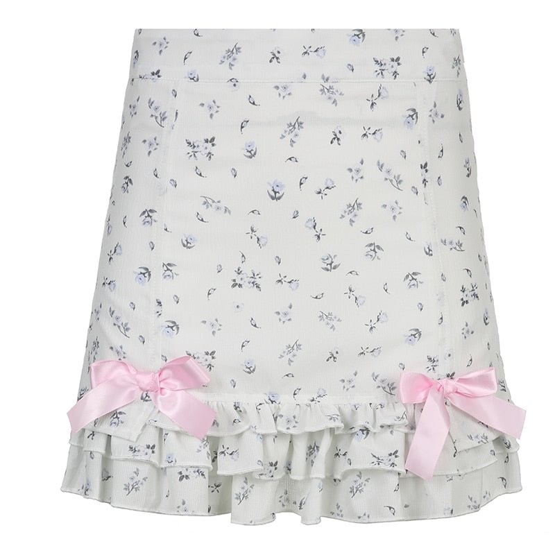 IAMHOTTY Floral Print Ruffle Mini Skirt White Kawaii Lolita Skirts Japanese Style Aesthetic Outfit Straight Bow Skirts Y2K