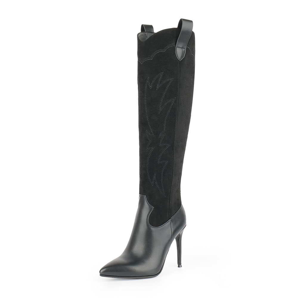 Black Stitching Pointed Toe Stiletto Heel Western Boots for Women Nicepairs