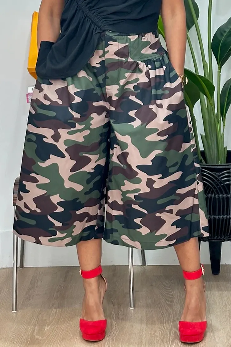 Plus Size Business Casual Army Green Camo Pocket Wide Leg Pants [Pre-Order] 2024 - Xpluswear