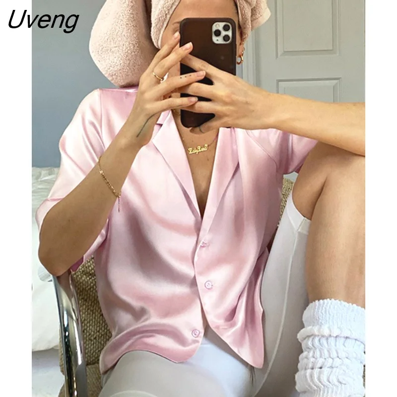 Uveng Stain Tops And Blouse Short Sleeve Turn Down Collar Comfort Fashion Femme Shirts Button Solid Color 2023 Summer