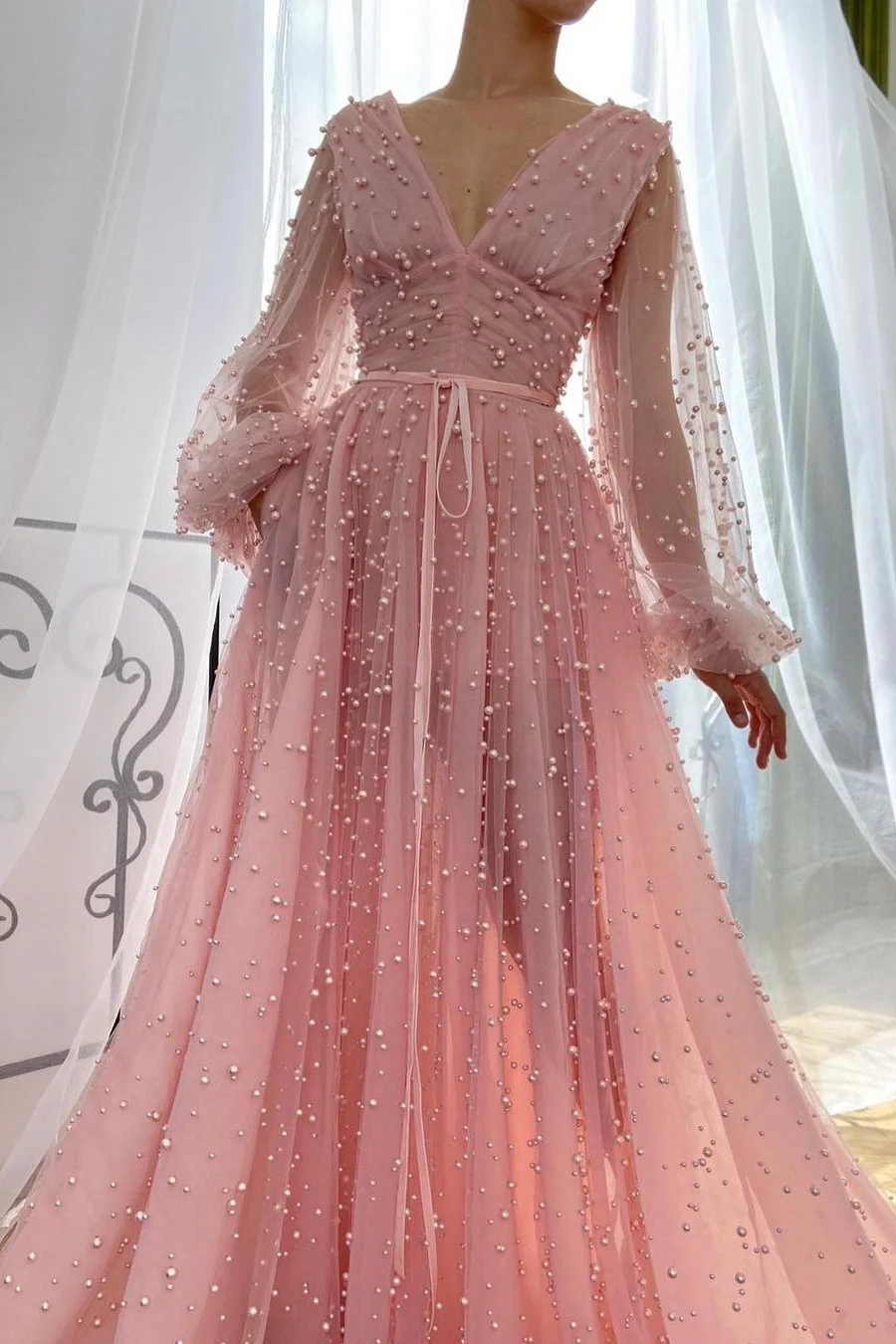 Bellasprom Pink Long Sleeves Evening Dress V-Neck Tulle With Pears