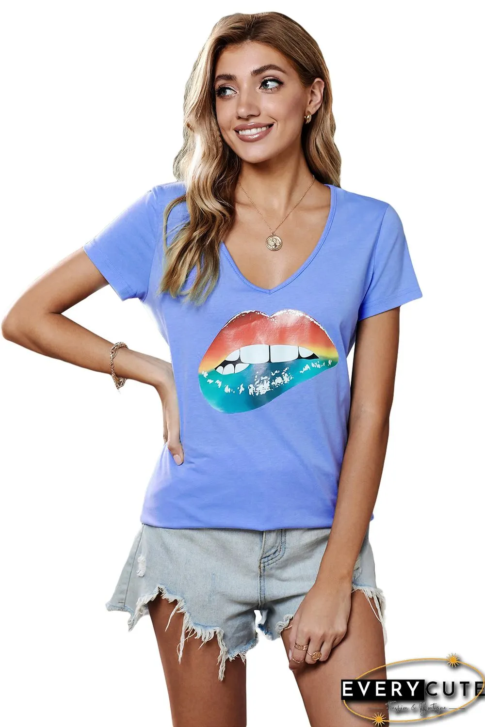 V Neck Sexy Mouth Blue T-shirt