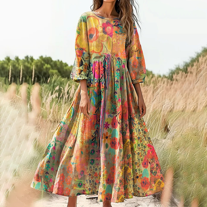 Comstylish Women's Retro Watercolor Floral Collage Art Print Casual Cotton Linen Dress