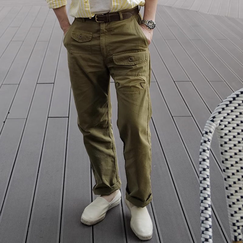 Men's Retro Army Green Multi-Pocket Straight Cargo Pants