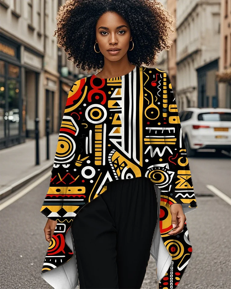 Colorful Art Letter Print Irregular Hem Printed Top