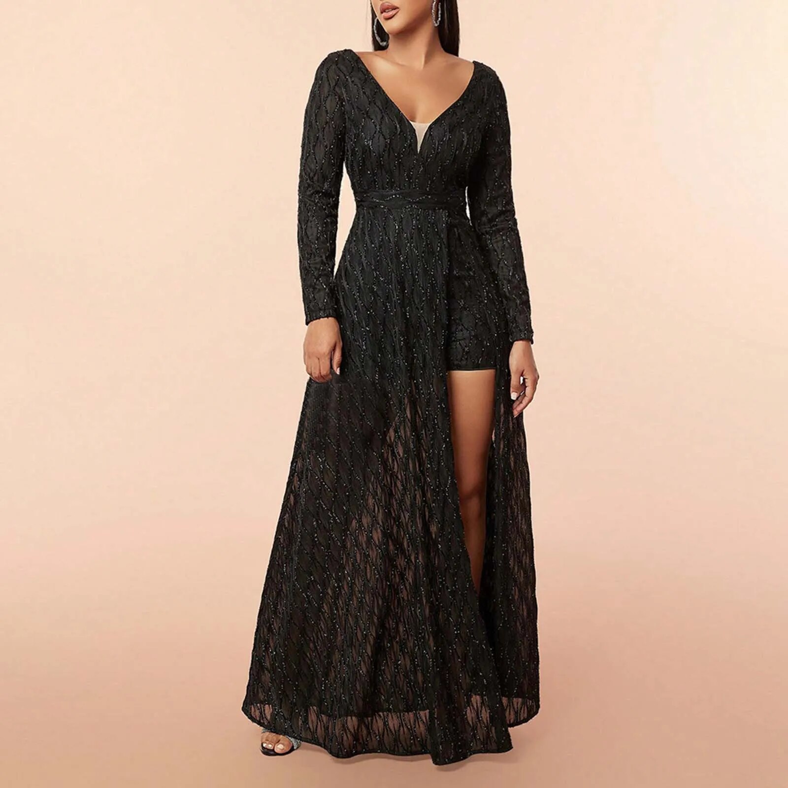 Googlygenius Fashion Luxury Sequins Embroidery Long Dress Women's Sexy Deep V Long Sleeve Fancy Dress Female Elegant Black Midi Dresses