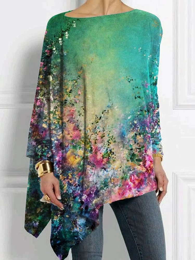 Floral Oil Painting Art Bat Sleeve T Shirt