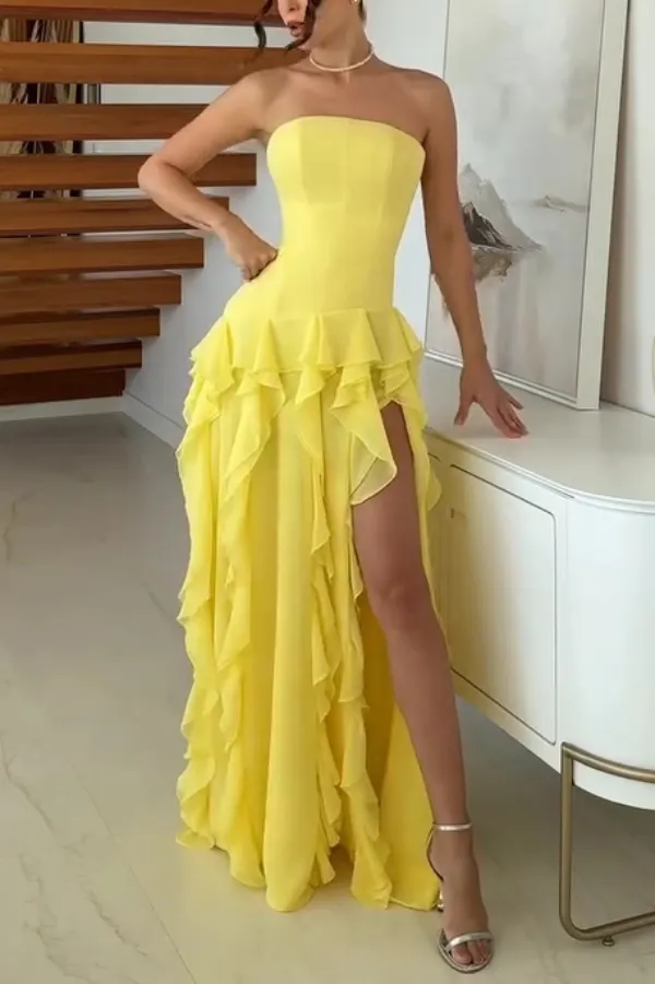 Elegant Sleeveless Off-shoulder Fitted Ruffled High Slit Maxi Dress