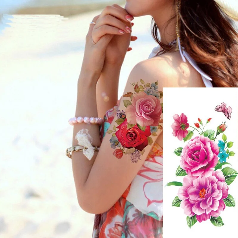 1 Piece Temporary Tattoo Sticker Colorful Peach Blossom Design Women Shoulder Body Art Water Transfer Tattoo Sticker Fashion