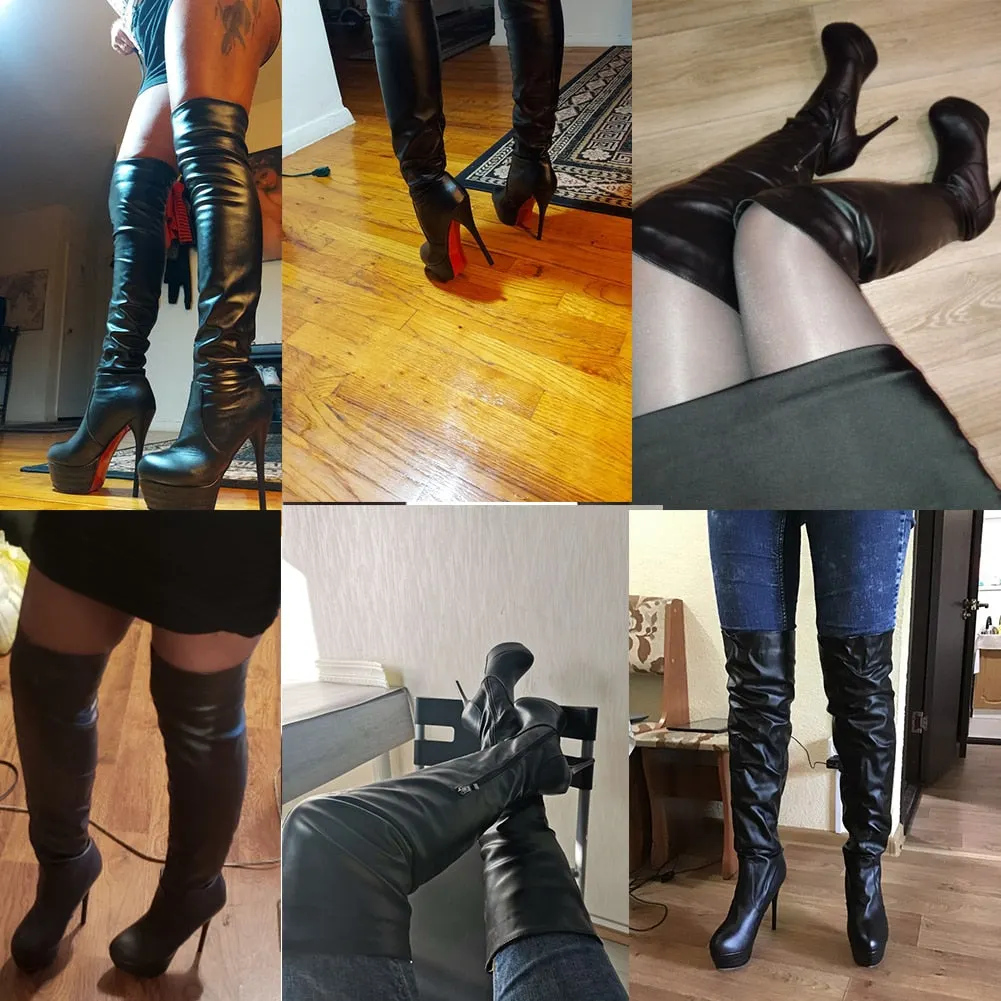 BONJOMARISA Plus Size 32-46 Lady Sexy Over Knee Thigh High Boots Women Autumn Fashion Thin High Heels Platform Women Shoes Woman