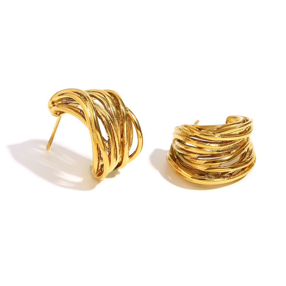 Textured High-End Retro Niche Geometric Stainless Steel Plated 18K Gold Line Hollow C-Shaped Earrings