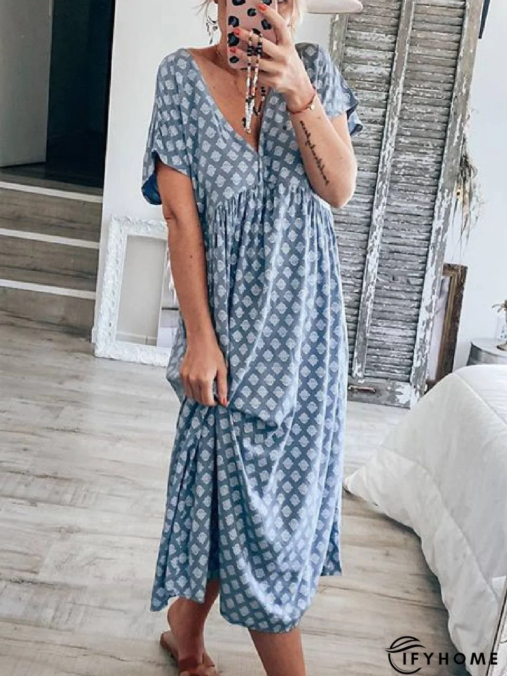 Blue Geometric Casual Floral-Print V Neck Knitting Dress | IFYHOME