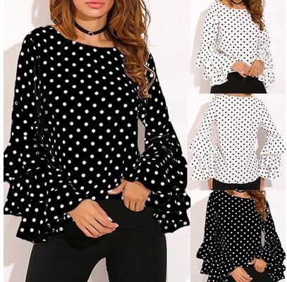 Spring Autumn Women's Flare Sleeve Blouse Dot Print Shirt Tops - BlackFridayBuys