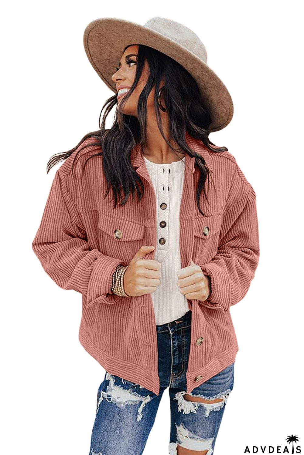 Ribbed Corduroy Long Sleeve Jacket with Pocket