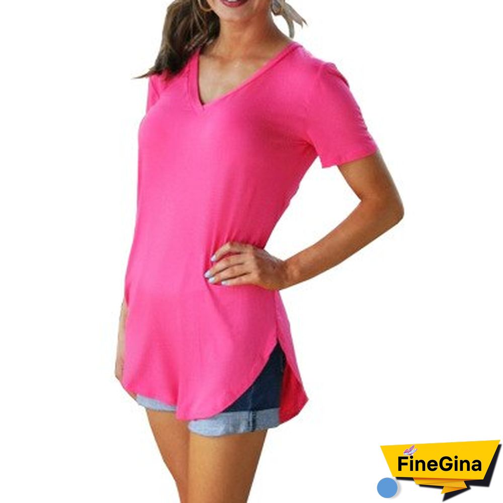 Women's T-shirt Summer Basic Long T Shirt Top Women Solid V Neck Short Sleeve Long Casual Women Loose Tee Shirt Femme