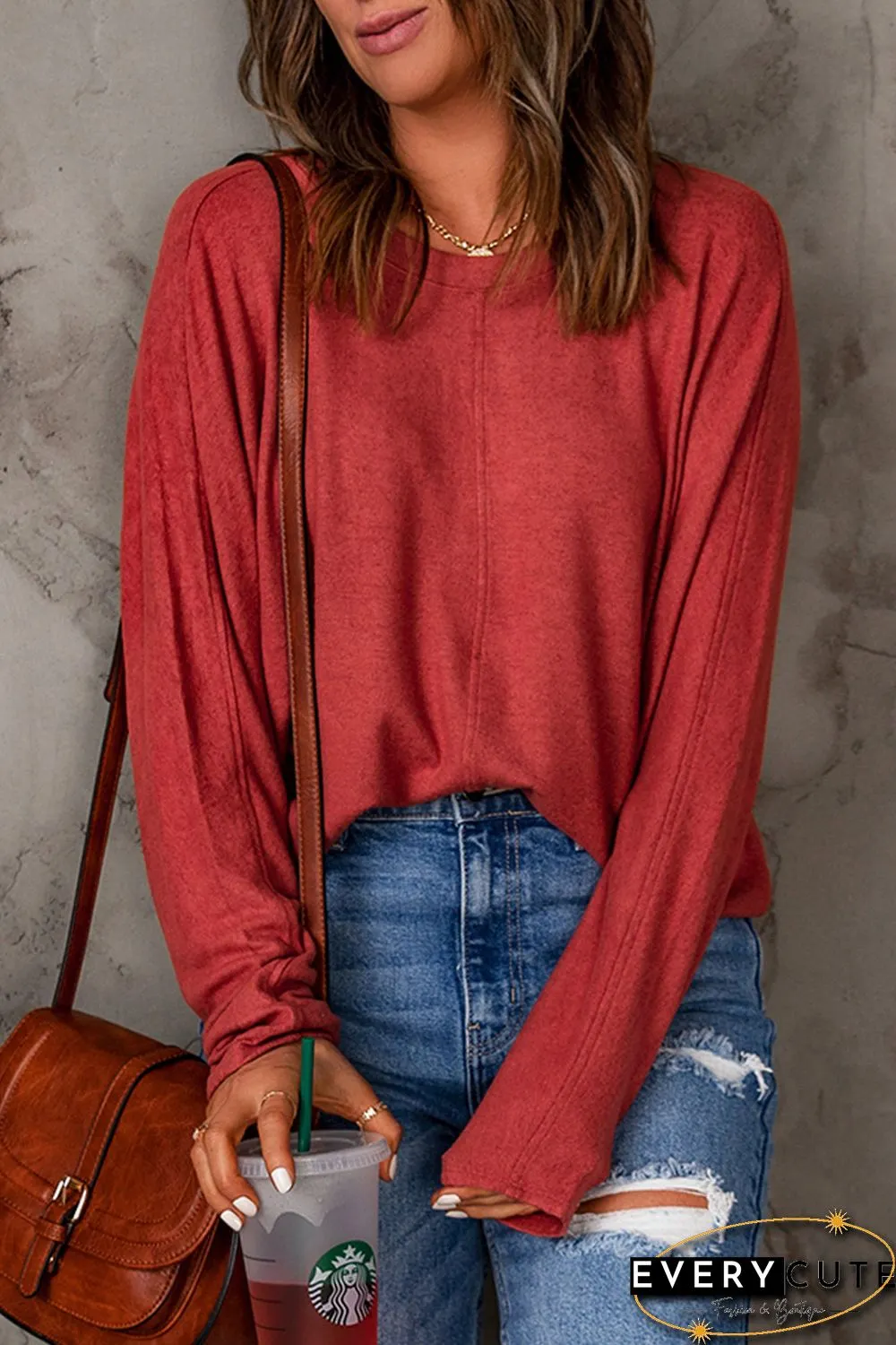 Red Solid Color Patchwork Long Sleeve Top