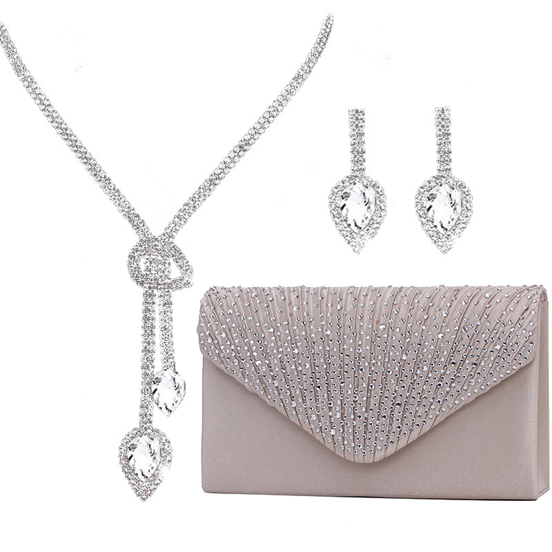 Banquet White Rhinestone Earrings Waterdrop Necklace Bag Three Piece Jewelery Set 2024 - Flycurvy 