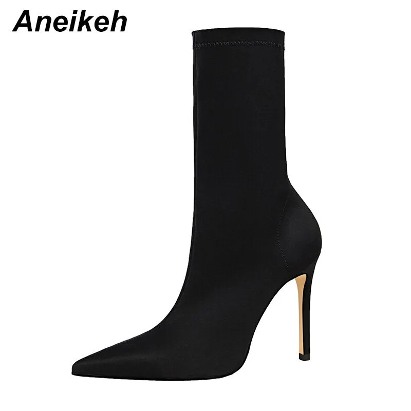 Aneikeh New Boots Women 2021 Autumn Fashion Ankle Pointed Toe Shoes Stretch Cross-Tied Lace-Up Stiletto High Heel Botas Mujer 42