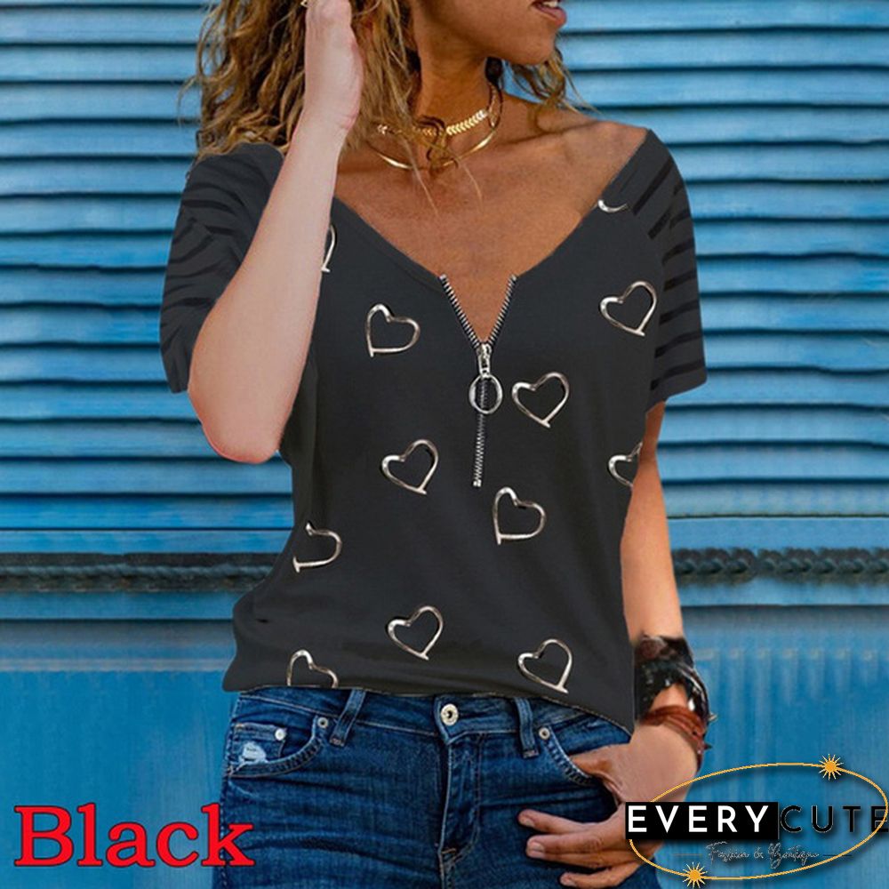 New Summer Fashion Women Striped Printed Short Sleeve Zipper V-Neck Casual Top Loose Soft And Thin Plus Size Shirt T-Shirt