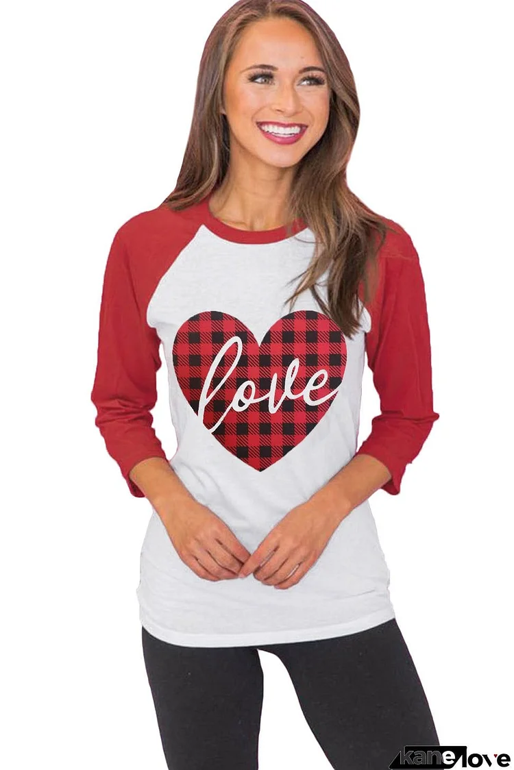 Buffalo Plaid Love Heart Colorblock Raglan 3/4 Sleeve Top