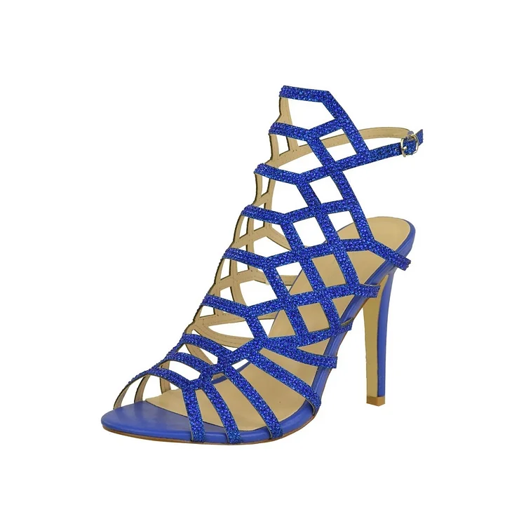 Blue Caged Evening Shoes Peep Toe Rhinestone Heeled Sandals |FSJ Shoes