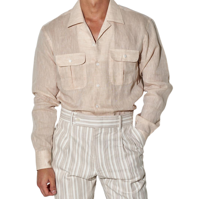 Men's Casual Linen Cuban Collar Chest Pocket Slim Fit Long Sleeve Shirt