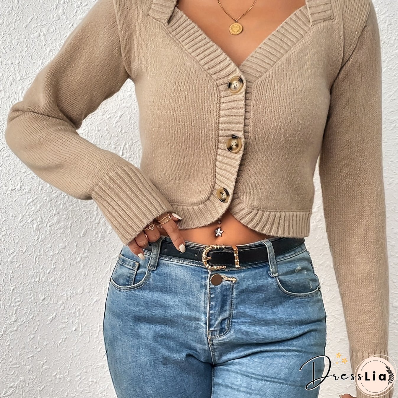 Solid Button Front Knit Cardigan, Casual Long Sleeve Crop Sweater, Women's Clothing