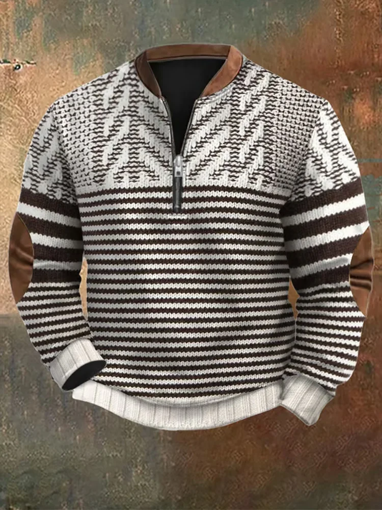 Utbros Men's Retro Western Textured Print Zip Collar Sweatshirt