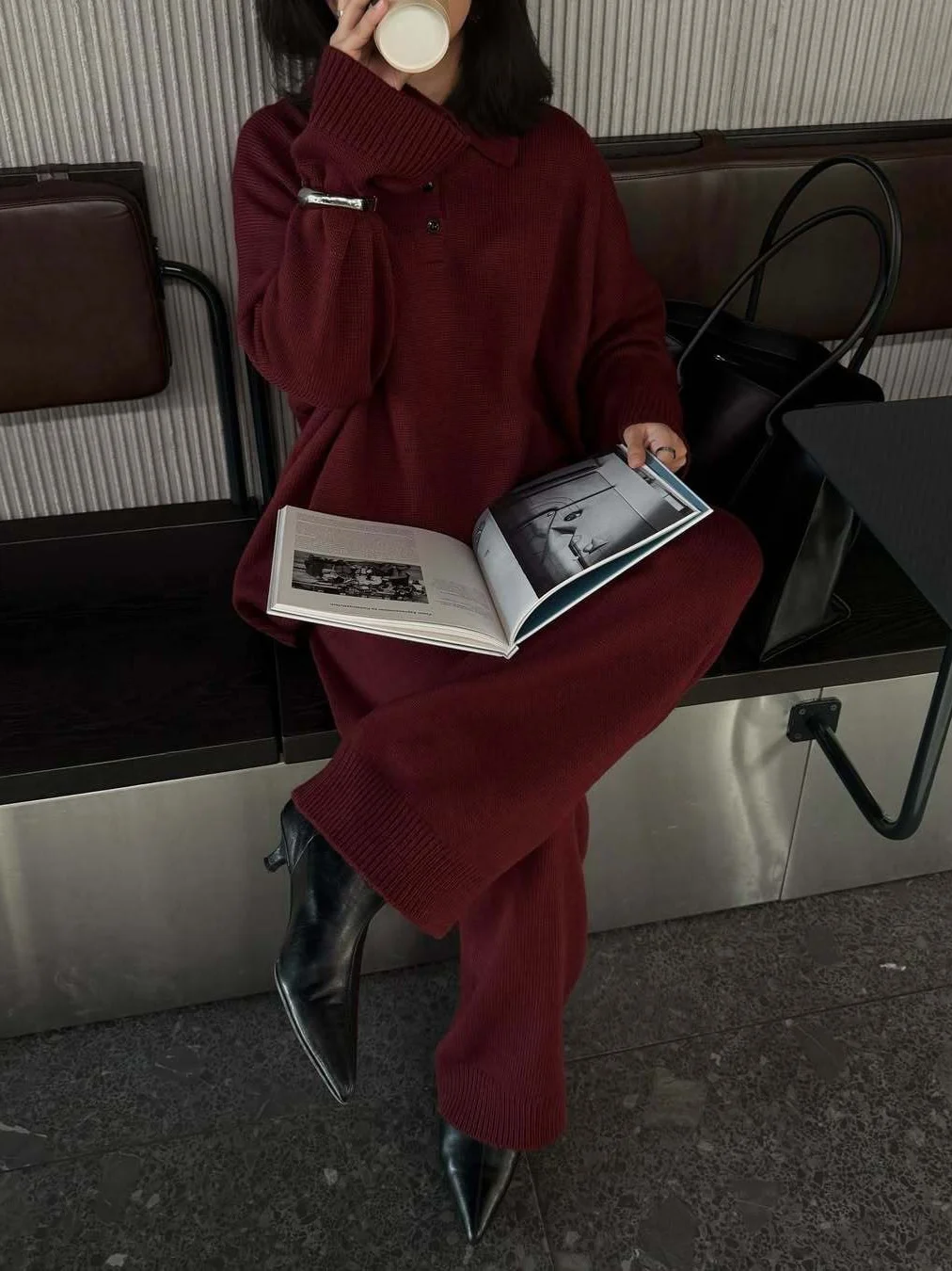 Athvotar Athvotar And Winter Solid-Color Lap-Over Sweater Set Women's Loose Knit Polo Collar Sweater Broad Leg Pants Two-Set