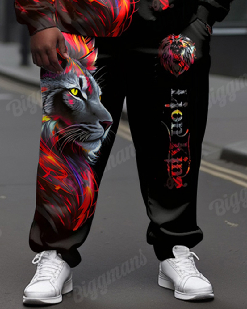 Men's Street Fashion Lion Alphabet Print Plus Size Hoodie Suit