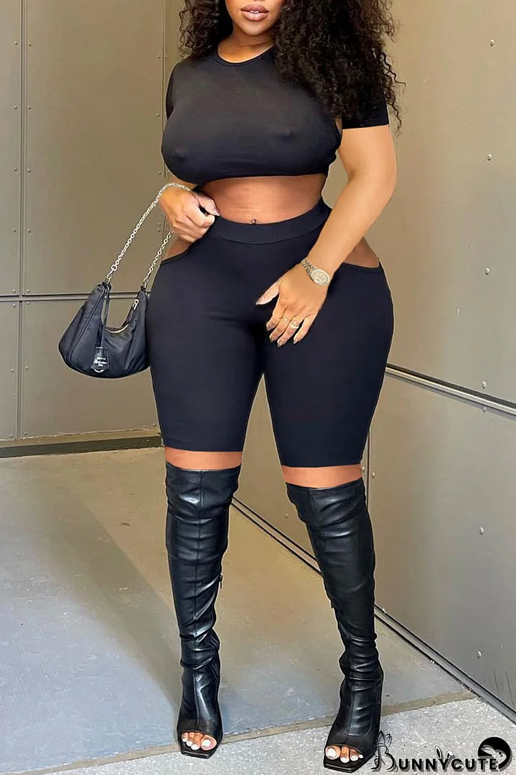 Black Sexy Solid Hollowed Out Split Joint O Neck Plus Size Two Pieces