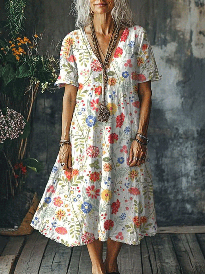 Women's  Flowers Art Print Pocket Cotton Dress