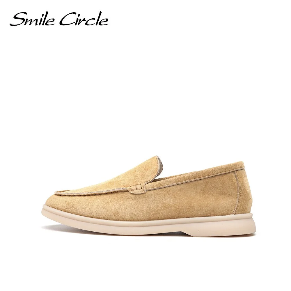 Smile Circle/cow-suede loafers Women Slip-On flats shoes Genuine Leather Ballets Flats Shoes for women Moccasins big size 36-42