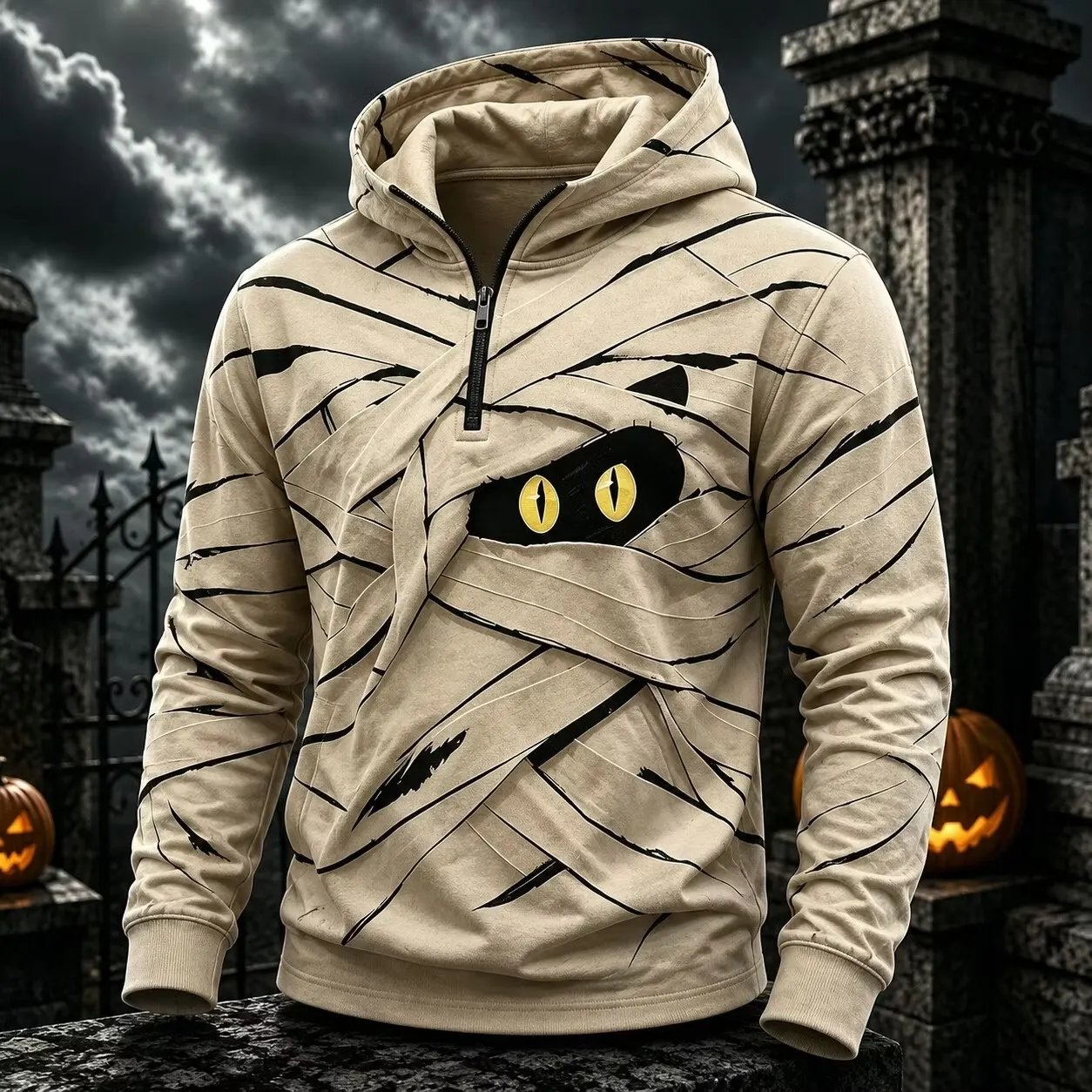 Men's Halloween Mummy Bandage Peeking Black Cat Eyes Graphic Print Zipper Hoodies artswardrobe