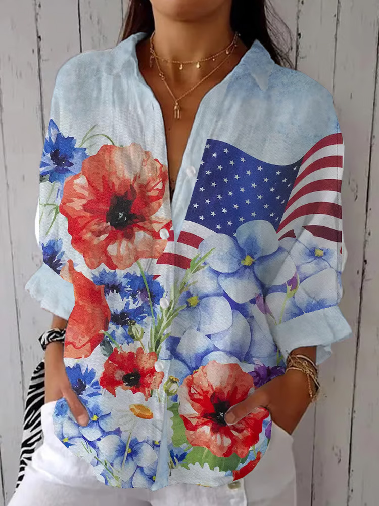 Women's Independence Day Flag Floral Casual Lapel Shirt