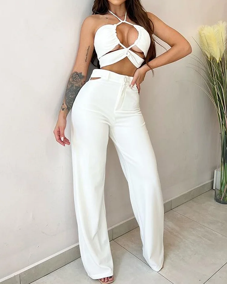 Casual Solid Color Hollow Top & Pants Two-Piece Set
