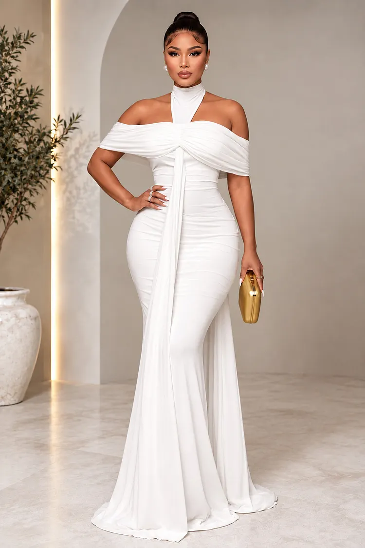 Halter Off Shoulder Sash Slim Fit Party Maxi Dresses-White [Pre Order]