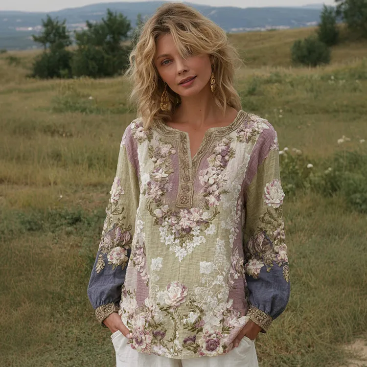 Women's Floral Embroidery Casual V-neck T-shirt