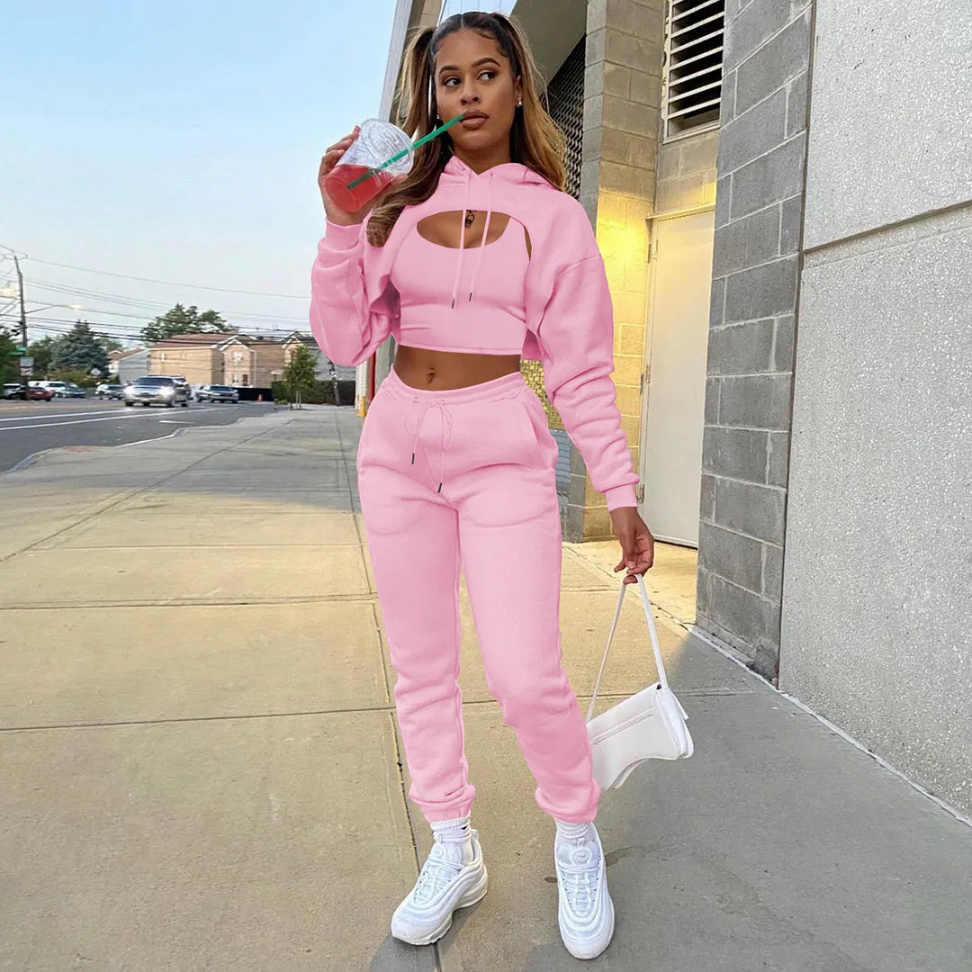 Womens Fashion Fleece Drawstring Solid Hoodies Long sleeve Pant Tank Top Three Piece