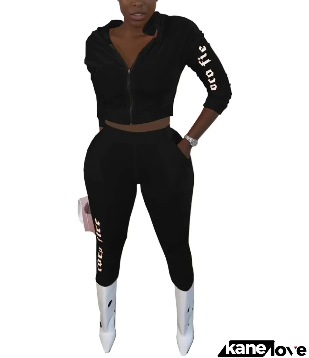 Autumn Letter Print Velvet Hoodie Tracksuit