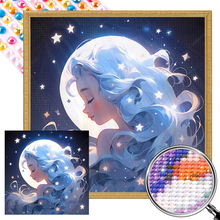 Partial AB Drill - Full Round Diamond Painting - Stars, Moon And Silver-Haired Girl 40*40CM
