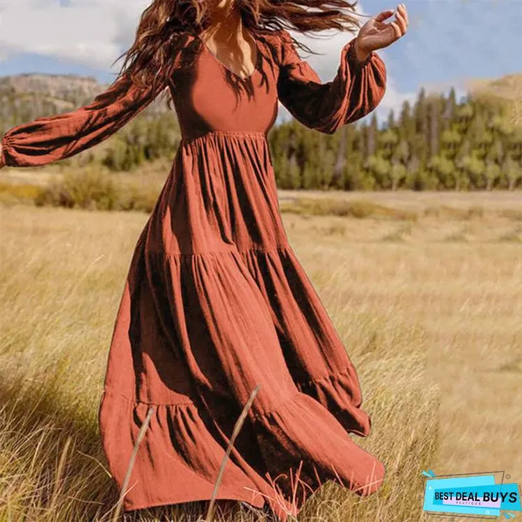 Vintage Plain Long Sleeve Casual Weaving Dress