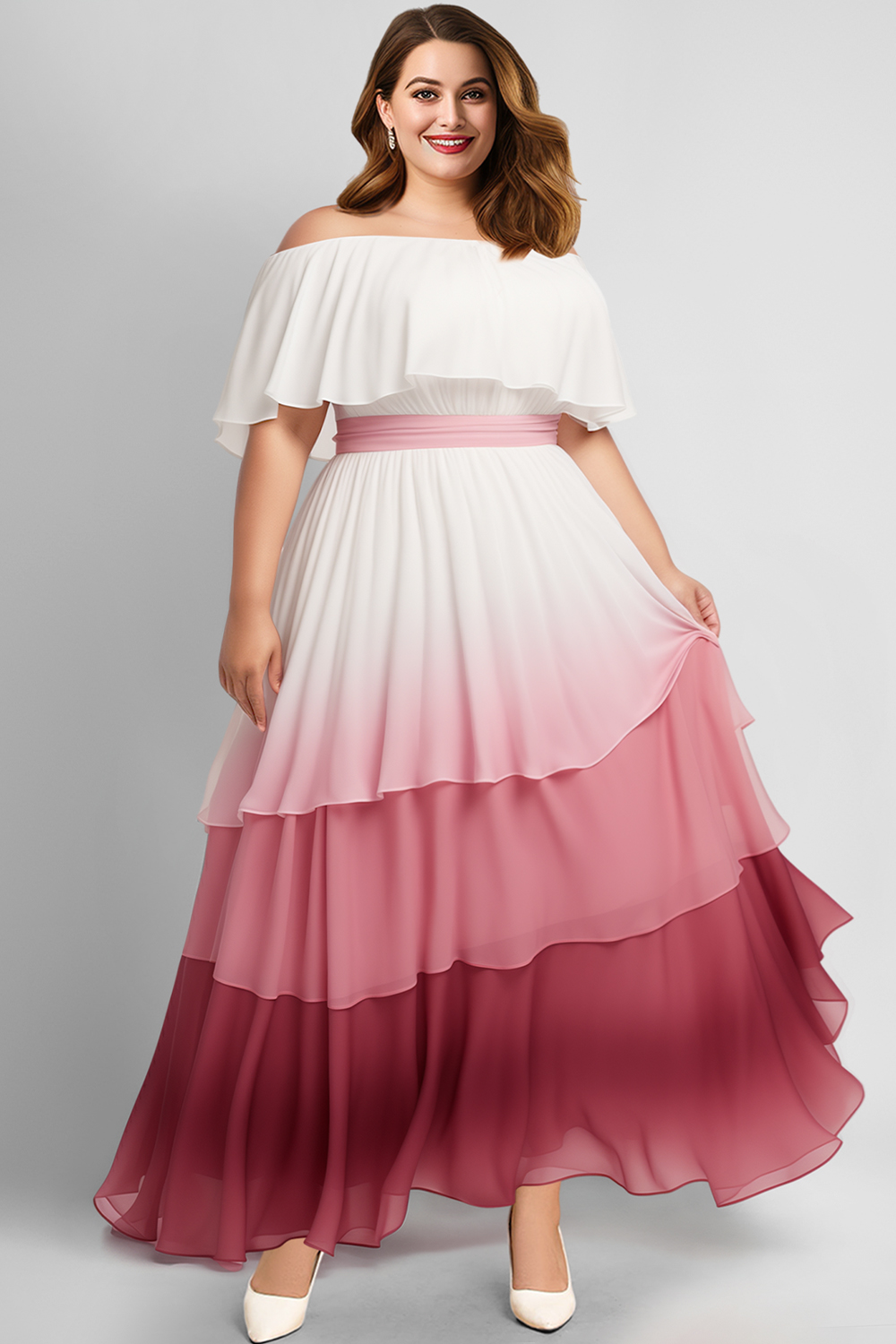 Flycurvy Plus Size Wedding Guest Pink And White Chiffon Off The Shoulder Gradient Layered Maxi Dress