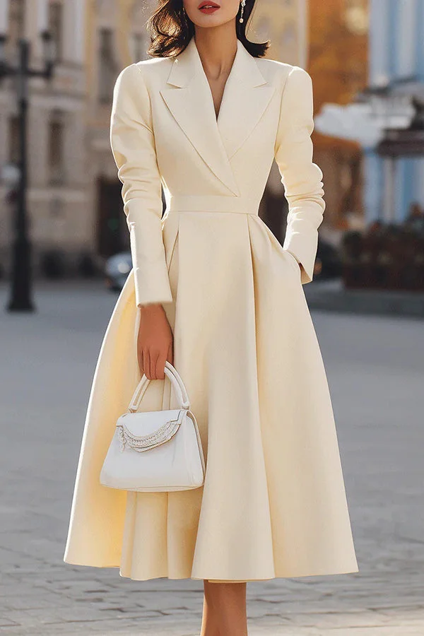 Elegant V-neck Long-sleeved Fitted Waist Midi Dress