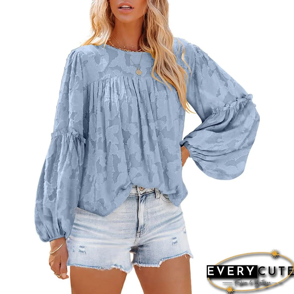 Light Blue Jacquard Puff Long Sleeve Blouse