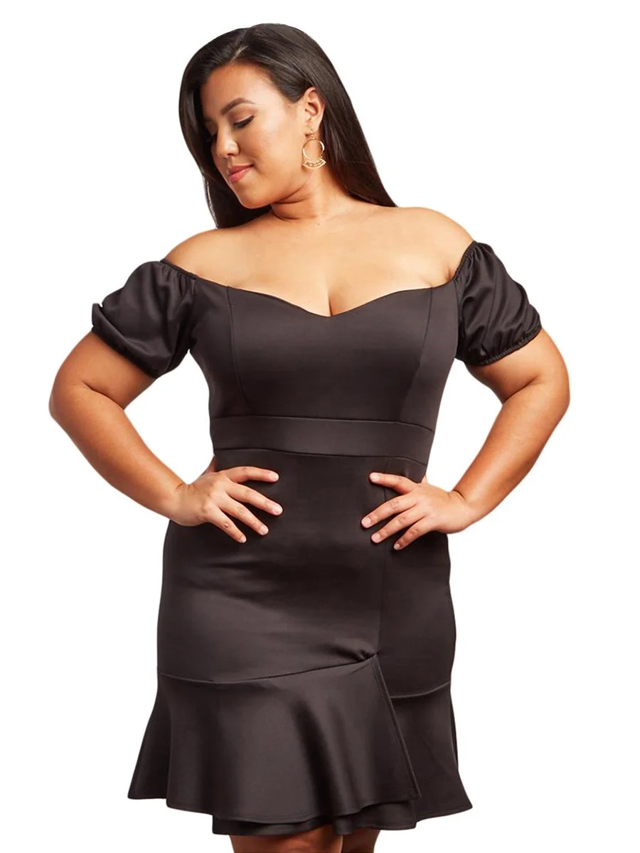 Plus Size Dress Slim Off Shoulder Ruffled Midi Dress