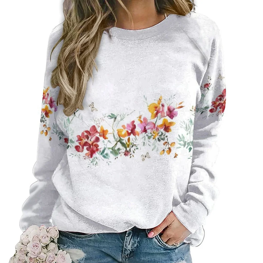 Printed Long Sleeve Casual Sweatshirt for  Women and Men Unisex Pattern Floral, Yellow, Pink