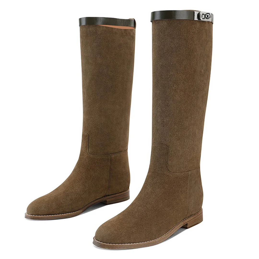 Brown Vegan Suede Knee High Closed Toe Flat Stylish Boots for Ladies