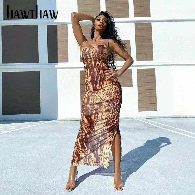 Hawthaw Women Fashion Summer Sleeveless Bodycon Slim Printed Beach Pencil Long Dress 2021 Female Clothing Streetwear Wholesale